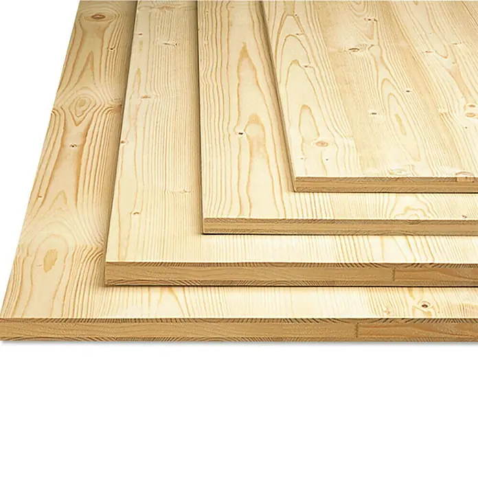 Leimholzplatte - Fichte, Qualitätsstufe Leimholzplatte: A/B, 1.200 x 400 x 19 mm - Stapel von hellen, unbehandelten Holzbrettern mit sichtbarer Maserung und unterschiedlichen Stärken für Bau- und Bastelprojekte.