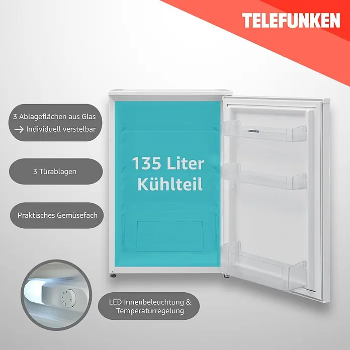 Telefunken Vollraumkühlschrank C-135-100-W - Nutzinhalt Gesamt: 135 l, 59,5 cm x 540 mm x 838 mm, Weiß