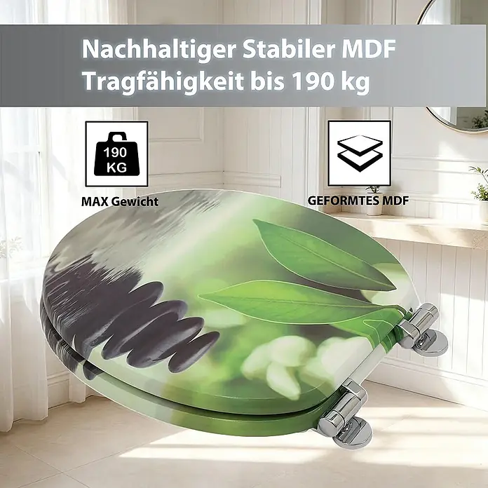 SAINOS WC-Sitz MDF WC-Sitz, Grün, Universal-O-Form, Absenkautomatik, Unten - MDF, Grün, Mit Absenkautomatik - WC-Sitz aus MDF mit grünem Blatt- und schwarzem Steinmotiv, verchromten Scharnieren, in einem hellen Badezimmer.