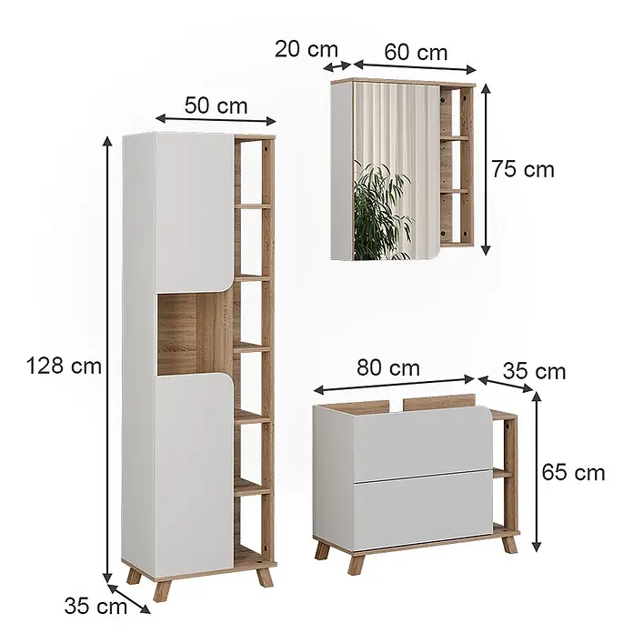 Vicco Badmöbel-Set Karen, Weiß/Sonoma 80 cm -  - Modernes Badmöbelset in Weiß und heller Holzoptik mit Hochschrank, Spiegelschrank und Unterschrank.