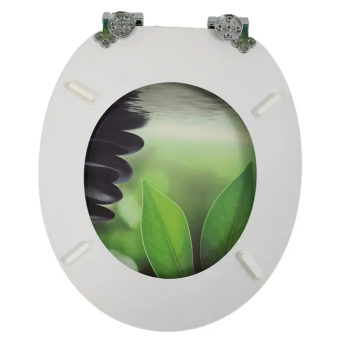 SAINOS WC-Sitz MDF WC-Sitz, Grün, Universal-O-Form, Absenkautomatik, Unten - MDF, Grün, Mit Absenkautomatik - Weißer Toilettensitz mit Naturmotiv (Steine, Blätter, Wasser) und Chromscharnieren, mit Schutzpuffern.