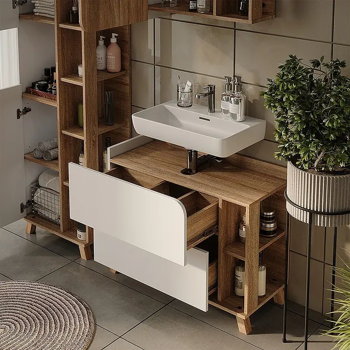 Vicco Badmöbel-Set Karen, Weiß/Sonoma 80 cm -  - Badezimmermöbel in Holzoptik mit weißem Waschbecken, zwei Auszugsschubladen und offenen Regalen für umfassenden Stauraum.