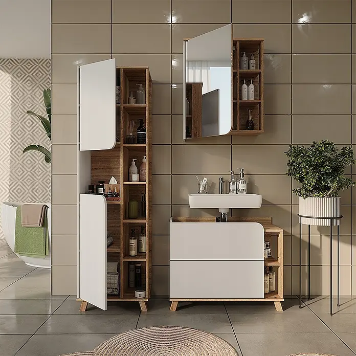 Vicco Badmöbel-Set Karen, Weiß/Sonoma 80 cm -  - Modernes Badezimmermöbel-Set mit hohem Schrank, Waschtischunterschrank und Spiegelschrank, in Weiß und Eicheneffekt.