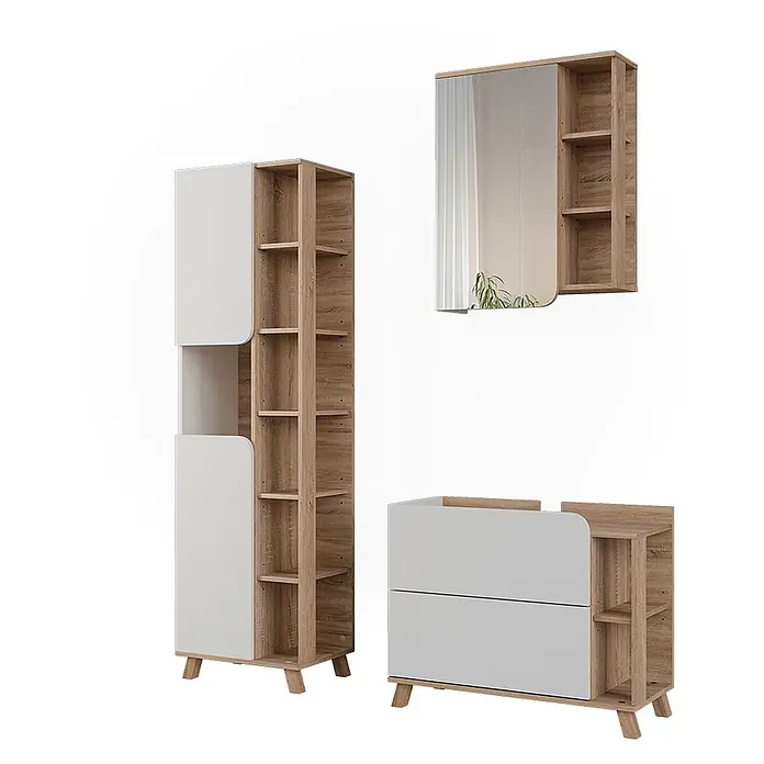 Vicco Badmöbel-Set Karen, Weiß/Sonoma 80 cm -  - Badmöbelset aus hellem Holz und Weiß, bestehend aus Hochschrank, Spiegelschrank und Waschtischunterschrank mit Schubladen.
