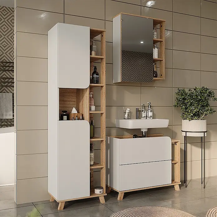 Vicco Badmöbel-Set Karen, Weiß/Sonoma 80 cm -  - Badmöbel-Set aus hellem Holz und mattweiß: Hochschrank, Waschtisch mit Waschbecken und Spiegelschrank, für ein modernes Badezimmer.