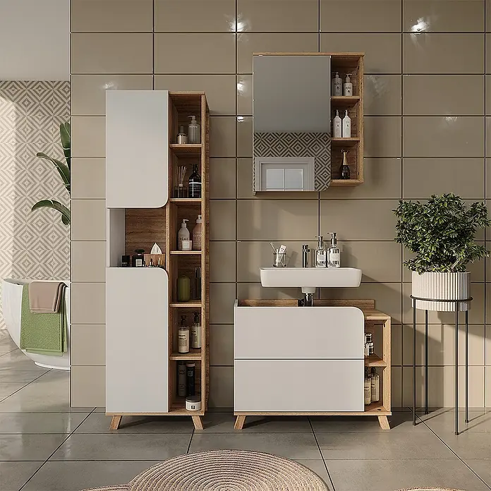 Vicco Badmöbel-Set Karen, Weiß/Sonoma 80 cm -  - Modernes Badmöbel-Set: Hochschrank, Waschtisch mit Waschbecken und Spiegelschrank in Weiß und Holzoptik. Bietet viel Stauraum.