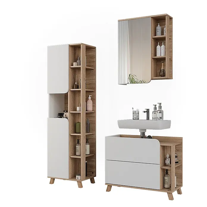 Vicco Badmöbel-Set Karen, Weiß/Sonoma 80 cm -  - Badmöbelset aus heller Holzoptik und Weiß mit Hochschrank, Spiegelschrank und Waschtischunterschrank.