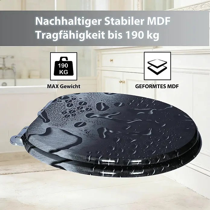 SAINOS WC-Sitz MDF WC-Sitz, Grau, Universal-O-Form, Absenkautomatik, Unten - MDF, Grau, Mit Absenkautomatik - Schwarzer MDF WC-Sitz mit Wassertropfen, betont Stabilität und 190 kg Tragfähigkeit.