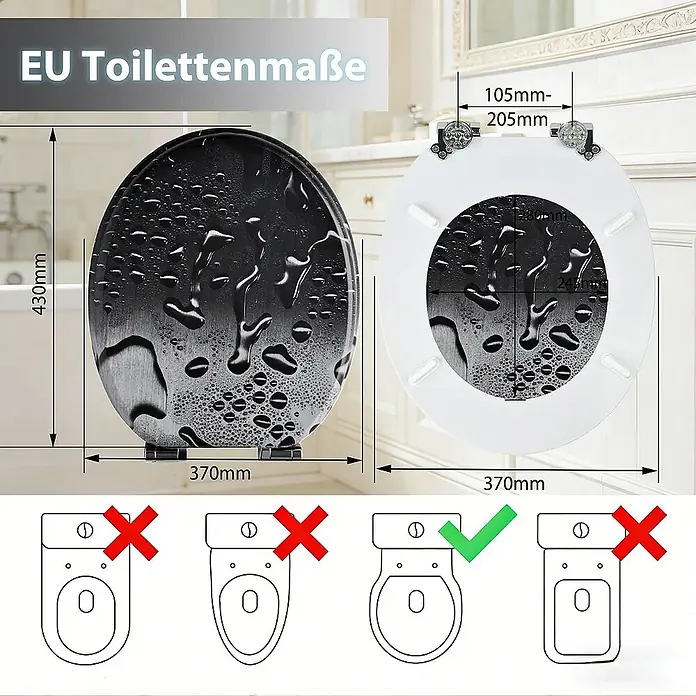 SAINOS WC-Sitz MDF WC-Sitz, Grau, Universal-O-Form, Absenkautomatik, Unten - MDF, Grau, Mit Absenkautomatik - Schwarzer Toilettensitz mit Wassertropfenmuster, Maße (430x370mm, Scharnier 105-205mm) und Kompatibilitätsanleitung für ovale WC-Schüsseln.
