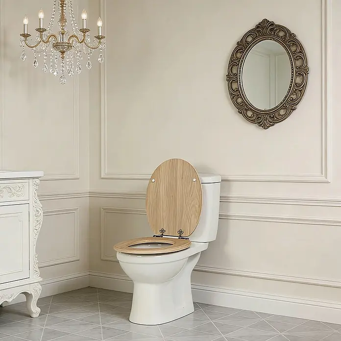 SAINOS WC-Sitz MDF WC-Sitz, Beige, Universal-O-Form, Absenkautomatik, Unten - MDF, Beige, Mit Absenkautomatik