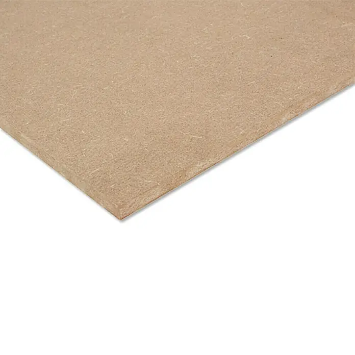 MDF-Platte nach Maß - Natur, Stärke: 5 mm - Nahaufnahme einer Spanplatte, die eine glatte Oberfläche und natürliche Holzfarbe zeigt, ideal für Möbel- oder Bauprojekte.