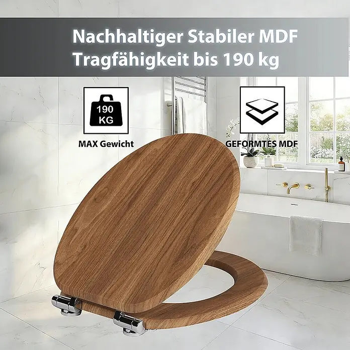SAINOS WC-Sitz MDF WC-Sitz, Braun Holzoptik, Universal-O-Form, Absenkautomatik, Unten - MDF, Braun, Mit Absenkautomatik