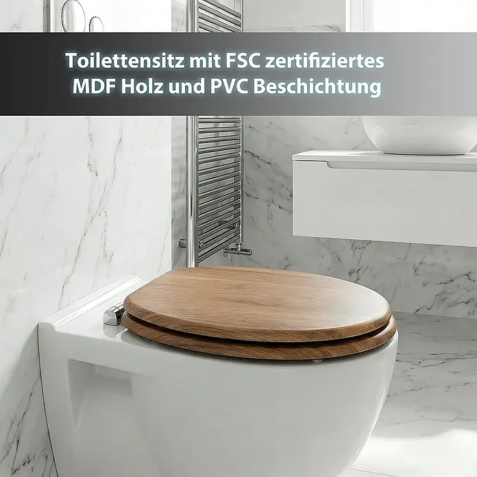 SAINOS WC-Sitz MDF WC-Sitz, Braun Holzoptik, Universal-O-Form, Absenkautomatik, Unten - MDF, Braun, Mit Absenkautomatik