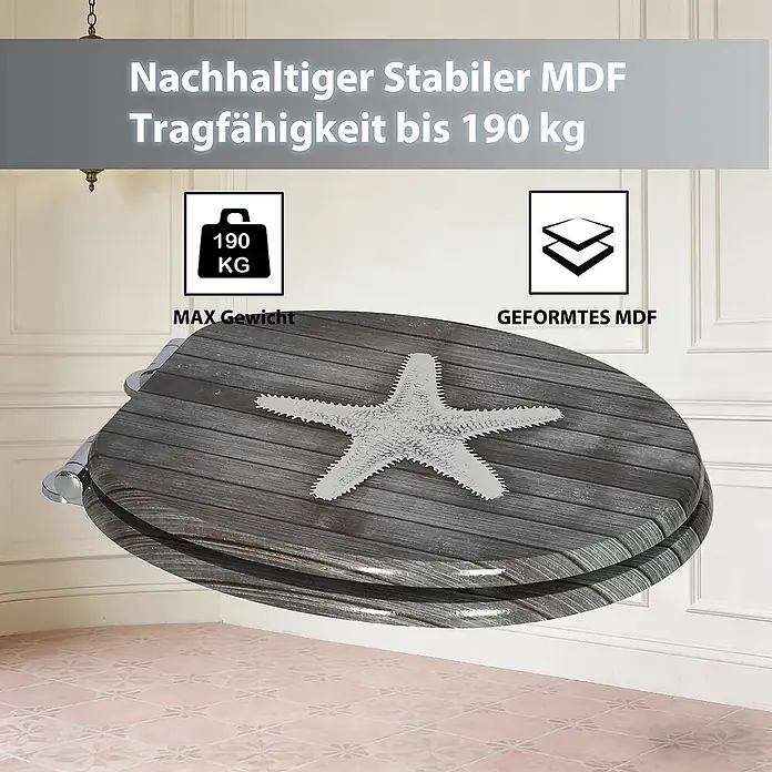 SAINOS WC-Sitz MDF WC-Sitz, Grau, Universal-O-Form, Absenkautomatik, Unten - MDF, Grau, Mit Absenkautomatik - Stabiler MDF WC-Sitz im Holzplanken-Design mit weißem Seestern, bis 190 kg belastbar.