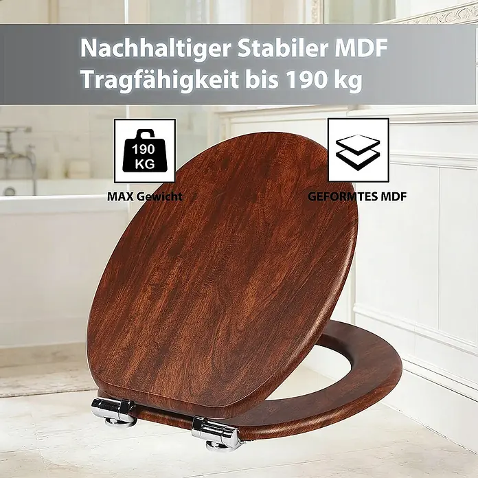 SAINOS WC-Sitz MDF WC-Sitz, Braun Holzoptik, Universal-O-Form, Absenkautomatik, Unten - MDF, Braun, Mit Absenkautomatik - Brauner Toilettensitz aus Holz-Look MDF im Bad, geöffnet mit robusten Scharnieren und 190 kg Tragkraft.