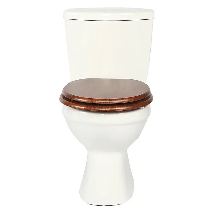 SAINOS WC-Sitz MDF WC-Sitz, Braun Holzoptik, Universal-O-Form, Absenkautomatik, Unten - MDF, Braun, Mit Absenkautomatik - Weißes Keramik-WC mit dunkelbraunem Holzsitz.