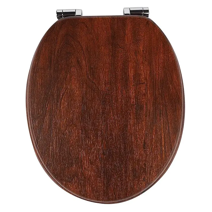 SAINOS WC-Sitz MDF WC-Sitz, Braun Holzoptik, Universal-O-Form, Absenkautomatik, Unten - MDF, Braun, Mit Absenkautomatik - Geschlossener ovaler Toilettensitz aus dunklem Holz mit glänzenden Chromscharnieren.