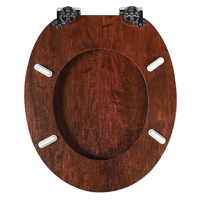 SAINOS WC-Sitz MDF WC-Sitz, Braun Holzoptik, Universal-O-Form, Absenkautomatik, Unten - MDF, Braun, Mit Absenkautomatik - Dunkelbrauner Toilettensitz aus Holz mit Metallscharnieren und weißen Puffern.