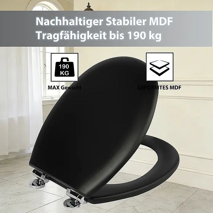 SAINOS WC-Sitz MDF WC-Sitz, Schwarz Uni, Universal-O-Form, Absenkautomatik, Unten - MDF, Schwarz, Mit Absenkautomatik