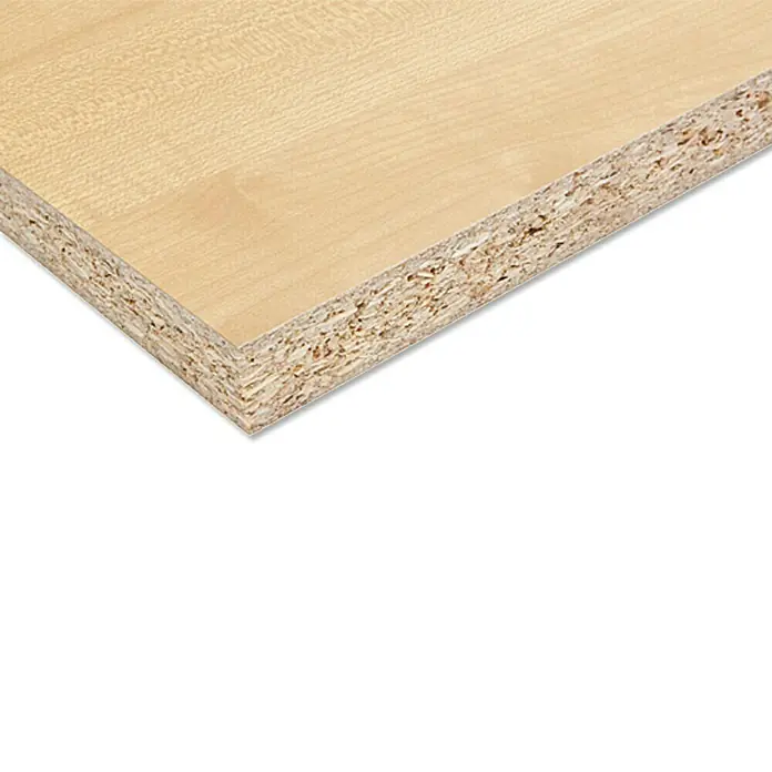 Spanplatte nach Maß I - Stärke: 16 mm, L x B: 280 x 207 cm, Ahorn - Nahaufnahme einer Spanplatte mit heller Holzmaserung, die die Struktur und die Materialbeschaffenheit des Produkts hervorhebt.