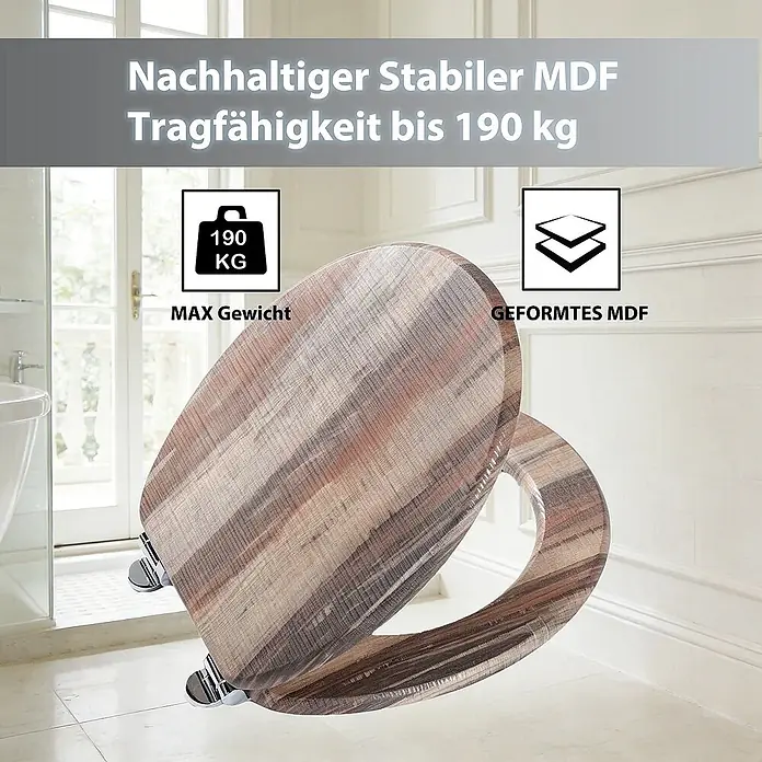 SAINOS WC-Sitz MDF WC-Sitz, Mehrfarbig, Universal-O-Form, Absenkautomatik, Unten - MDF, Mehrfarbig, Mit Absenkautomatik - Holzgemusterter MDF-Toilettensitz, nachhaltig, stabil und tragfähig bis 190 kg.