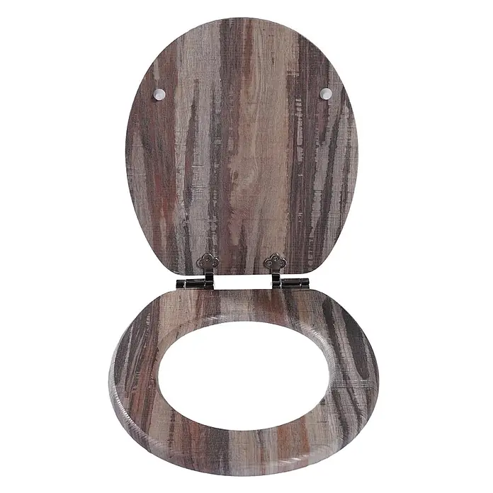 SAINOS WC-Sitz MDF WC-Sitz, Mehrfarbig, Universal-O-Form, Absenkautomatik, Unten - MDF, Mehrfarbig, Mit Absenkautomatik - WC-Sitz in Holzoptik mit Patina, offen mit Ring. Metallscharniere sichtbar.