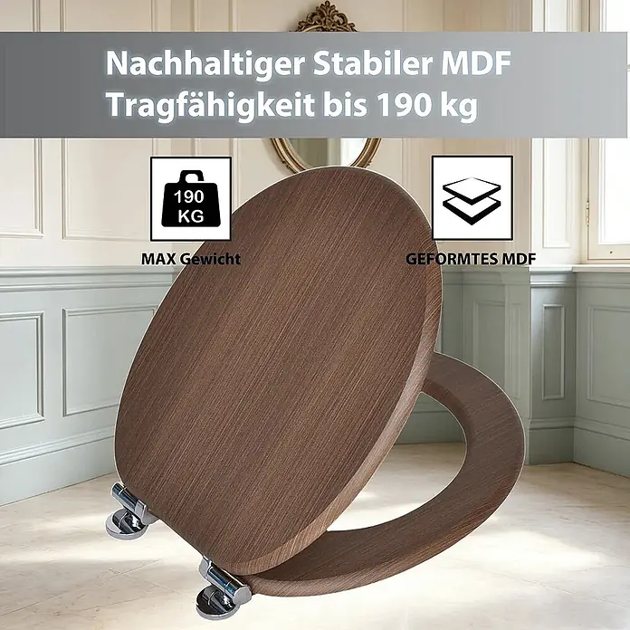 SAINOS WC-Sitz MDF WC-Sitz, Braun Holzoptik, Universal-O-Form, Absenkautomatik, Unten - MDF, Braun, Mit Absenkautomatik - Brauner WC-Sitz aus stabilem MDF, trägt bis zu 190 kg.
