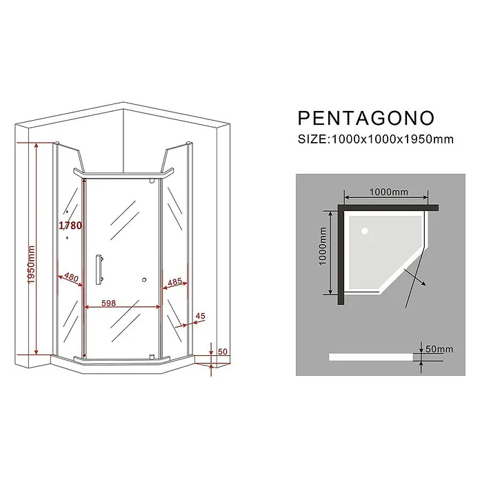 Glasdeals Eckdusche PENTAGONO 100 x 100 x 195 cm - 100 x 100 x 195 cm, Beschichtet, Chrom, Stärke: 8 mm