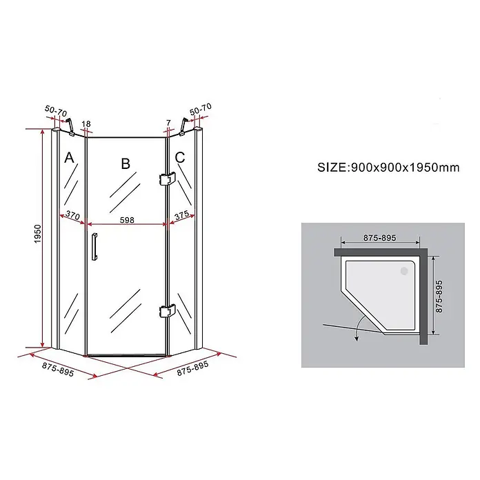 Glasdeals Eckdusche VERTEX 90 x 90 x 195 cm - 90 x 90 x 195 cm, Beschichtet, Chrom, Stärke: 8 mm - Fünfeckige Duschkabine mit Glaspaneelen, Schwingtür und detaillierten Maßen.