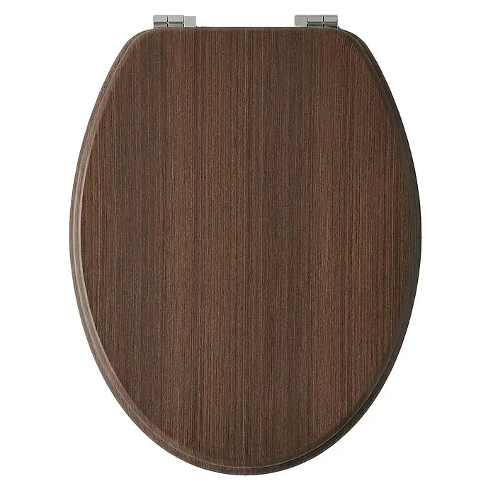 SAINOS WC-Sitz MDF WC-Sitz, Braun Holzoptik, Universal-O-Form, Absenkautomatik, Unten - MDF, Braun, Mit Absenkautomatik - Dunkelbrauner Toilettensitz in Holzoptik mit vertikaler Maserung und silbernen Scharnieren.