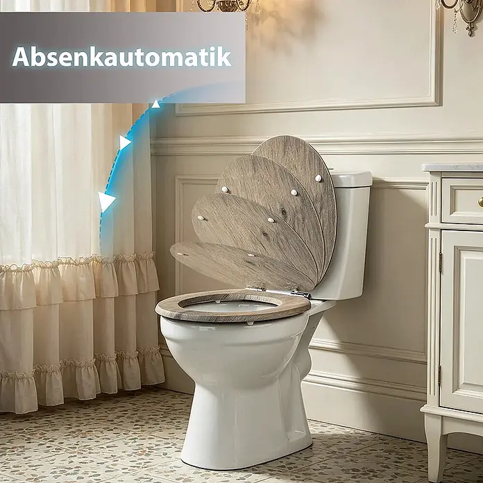 SAINOS WC-Sitz MDF WC-Sitz, Braun Holzoptik, Universal-O-Form, Absenkautomatik, Unten - MDF, Grau, Mit Absenkautomatik