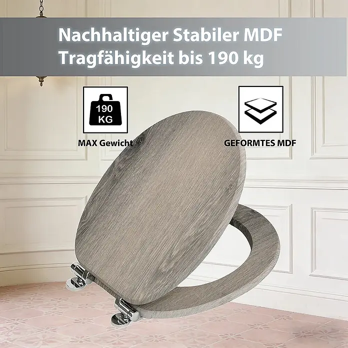 SAINOS WC-Sitz MDF WC-Sitz, Braun Holzoptik, Universal-O-Form, Absenkautomatik, Unten - MDF, Grau, Mit Absenkautomatik