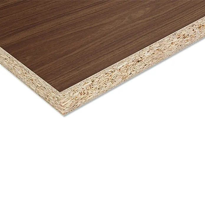 Spanplatte nach Maß - Stärke: 19 mm, L x B: 280 x 210 cm, Nussbaum - Nahaufnahme einer Spanplatte mit braunem Holzfurnier, die die Textur und Zusammensetzung des Produkts hervorhebt.