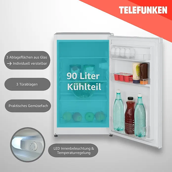 Telefunken Vollraumkühlschrank CF-31-121-W - Nutzinhalt Gesamt: 90 l, 50 cm x 480 mm x 830 mm, Weiß