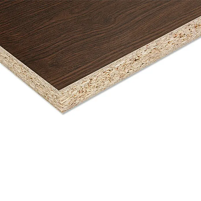 Spanplatte nach Maß - Stärke: 19 mm, L x B: 280 x 207 cm, Wenge - Nahaufnahme einer Spanplatte mit dunkler Holzmaserung, die die Materialzusammensetzung und Textur hervorhebt.