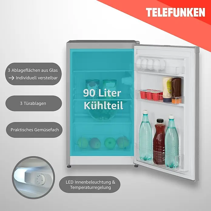 Telefunken Vollraumkühlschrank CF-31-121-S - Nutzinhalt Gesamt: 90 l, 50 cm x 480 mm x 830 mm, Silber