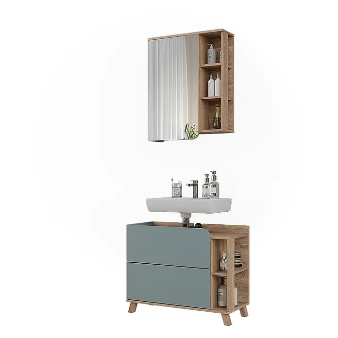 Vicco Badmöbel-Set - Blau, Matt - Modernes Badmöbel-Set mit Spiegelschrank in Holzoptik und passendem Waschtischunterschrank mit grauen Schubladen und offenen Fächern.