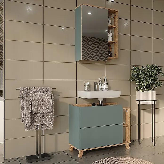 Vicco Badmöbel-Set - Blau, Matt - Türkiser Badunterschrank mit Holzdetails und weißem Waschbecken, in ein modernes Bad integriert.