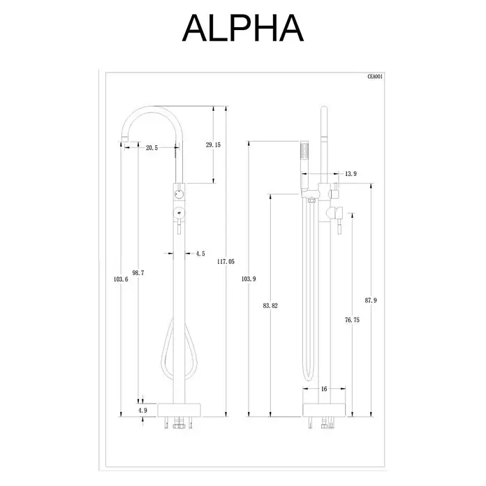 Poalgi Badewannenstandarmatur ALPHA - Höhe: 117,5 cm, Chrom, Glänzend