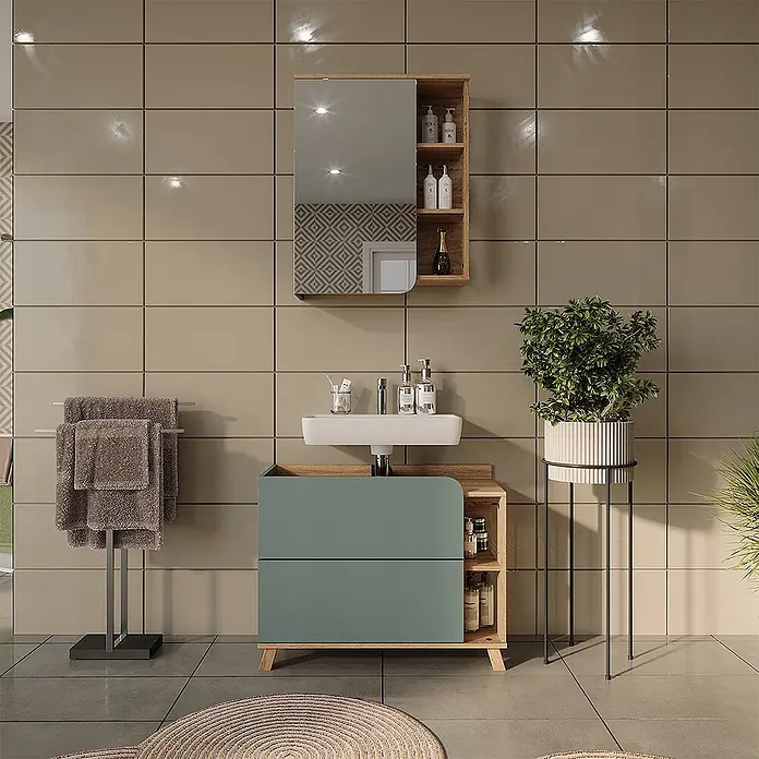 Vicco Badmöbel-Set - Blau, Matt - Moderne Badezimmermöbel in Salbeigrün mit weißem Waschbecken, Holzdetails und passendem Spiegelschrank.