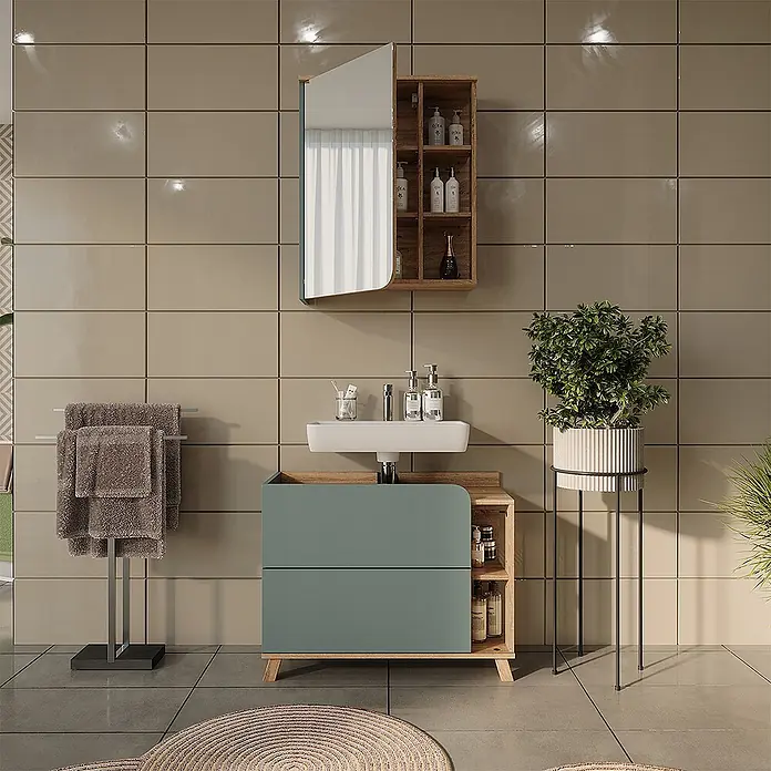 Vicco Badmöbel-Set - Blau, Matt - Hellgrüner Badunterschrank mit Holzdetails und weißem Waschbecken, kombiniert mit passendem Wandschrank.