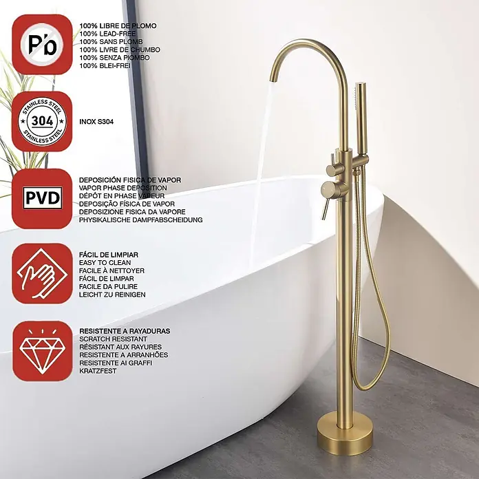 Poalgi Badewannenstandarmatur ALPHA - Höhe: 117,5 cm, Gebürstetes Gold, Seidenmatt