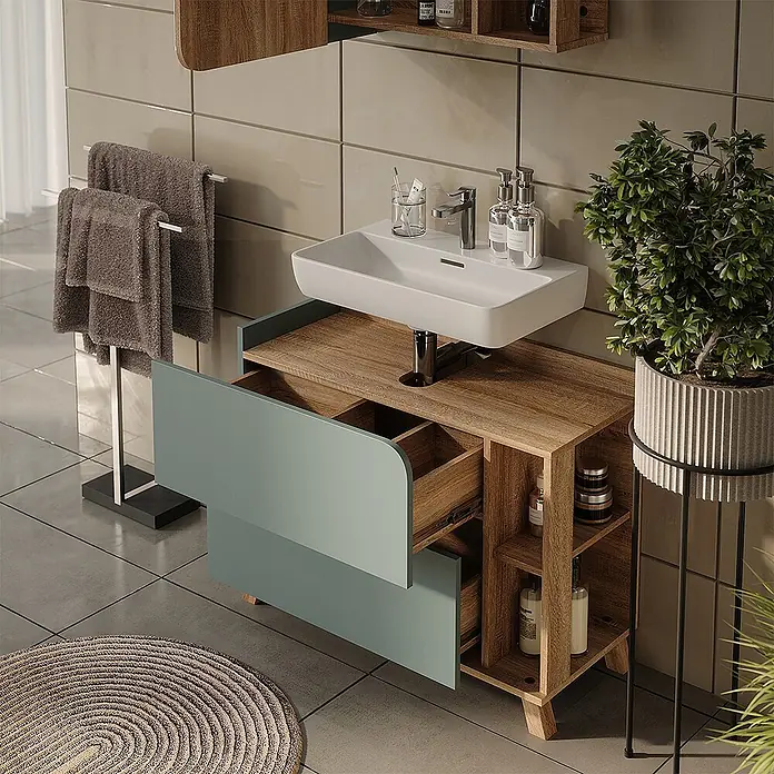 Vicco Badmöbel-Set - Blau, Matt - Moderner Holz-Badezimmerschrank mit hellblauen Schubladen, weißem Waschbecken und offenen Regalen im Bad.