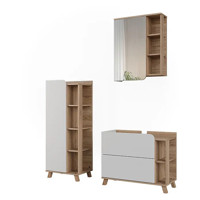 Vicco Badmöbel-Set Karen, Weiß/Sonoma 80 cm -  - Ein Set aus drei modernen Badmöbeln: ein Hochschrank, ein Spiegelschrank und ein Waschtischunterschrank in heller Holzoptik und Weiß.