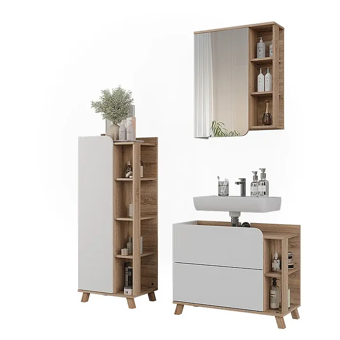 Vicco Badmöbel-Set Karen, Weiß/Sonoma 80 cm -  - Badezimmermöbel-Set in hellem Holz und Weiß, bestehend aus Hochschrank, Spiegelschrank und Waschtischunterschrank.