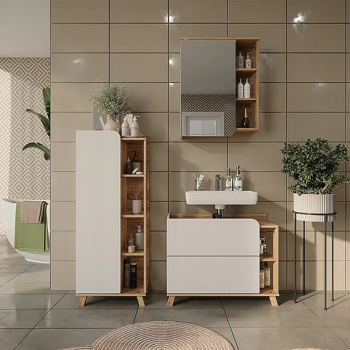 Vicco Badmöbel-Set Karen, Weiß/Sonoma 80 cm -  - Modernes Badmöbelset: weiß-holziger Hochschrank, Waschbeckenunterschrank und Spiegelschrank mit integriertem Stauraum.