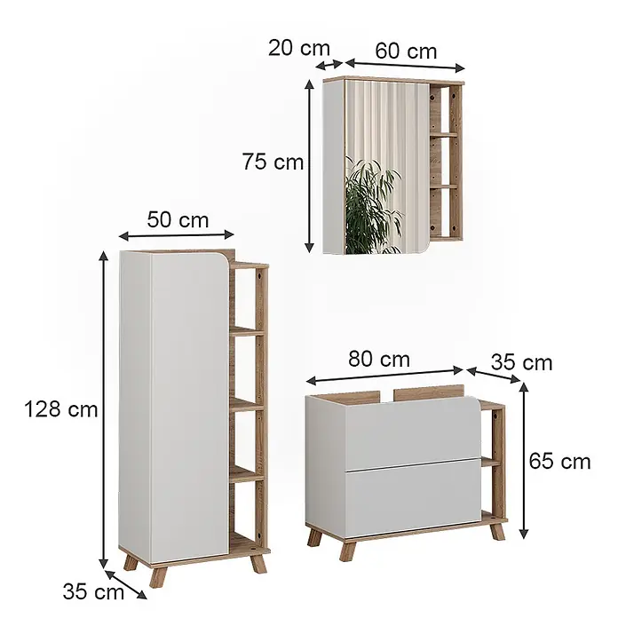 Vicco Badmöbel-Set Karen, Weiß/Sonoma 80 cm -  - Modernes Aufbewahrungsset in Weiß und hellem Holz: Hochschrank, Spiegelschrank und Kommode, mit Maßen.