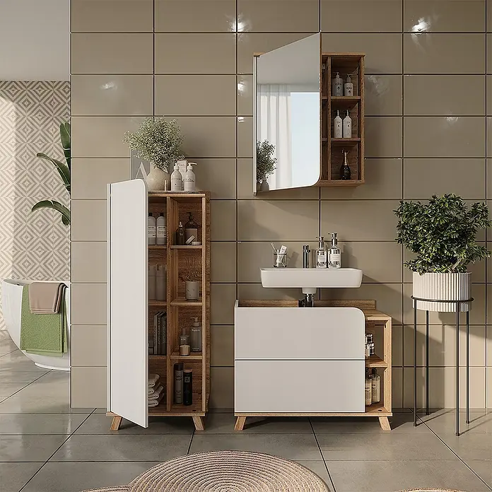 Vicco Badmöbel-Set Karen, Weiß/Sonoma 80 cm -  - Modernes Badmöbelset aus hellem Holz und weißen Paneelen: Waschtisch mit Waschbecken, Hochschrank und Spiegelschrank für stilvollen Stauraum.