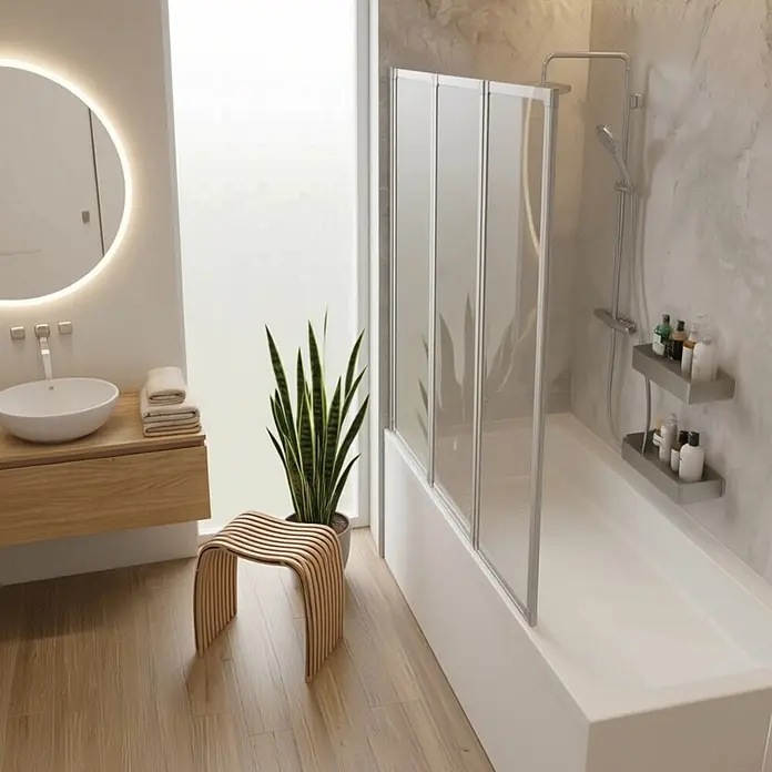 Interpromo Badewannenaufsatz 3-teilig ESG-Glas 127 x 140 cm faltbar Alunatur - B x H: 127 x 140 cm, 3 Stk., Alu-Natur