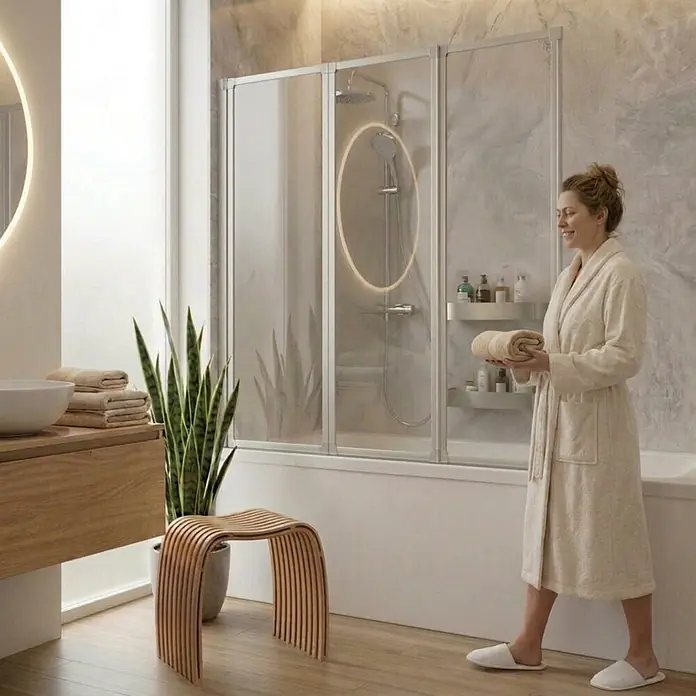 Interpromo Badewannenaufsatz 3-teilig ESG-Glas 127 x 140 cm faltbar Alunatur - B x H: 127 x 140 cm, 3 Stk., Alu-Natur